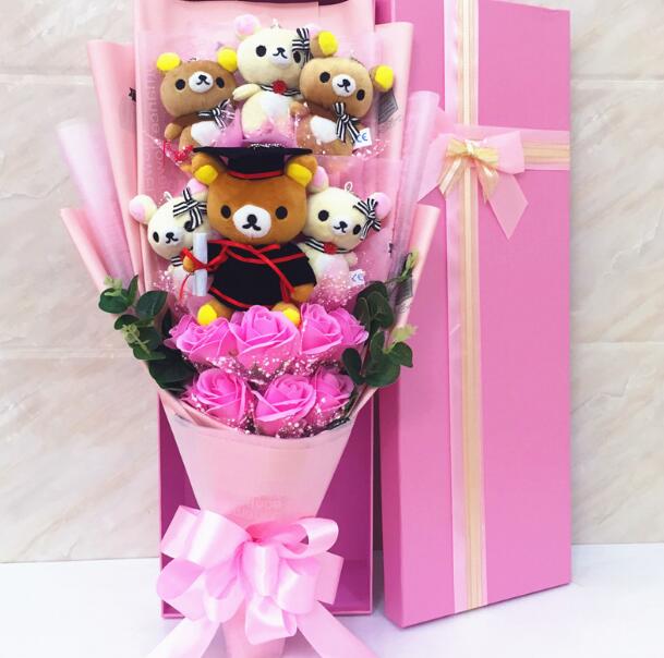 Cute Teddy Bear Stuffed Animal Plush Toy Lover Rilakkuma With graduation Flower Bouquet Gift Box Birthday 1 - Rilakkuma Plush