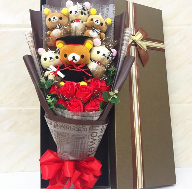 Cute Teddy Bear Stuffed Animal Plush Toy Lover Rilakkuma With graduation Flower Bouquet Gift Box Birthday - Rilakkuma Plush